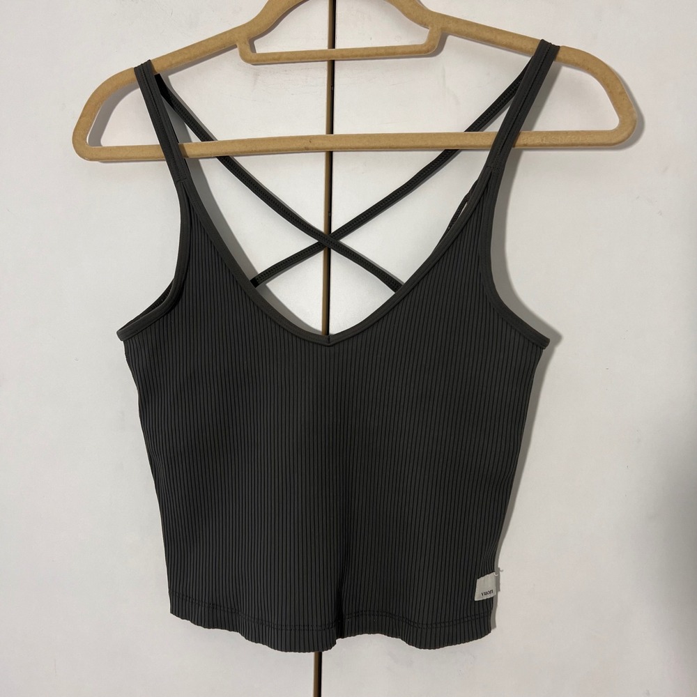 Vuori Rib Crop Tank Top Womens S Green Strappy Cross Back Athleisure Outdoors